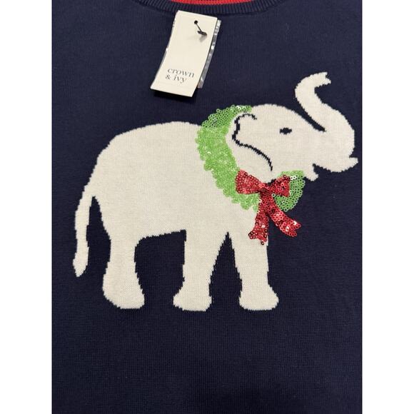 NWT Christmas Sweater Elephant Wreath Sequins XS Navy Blue - Picture 5 of 8